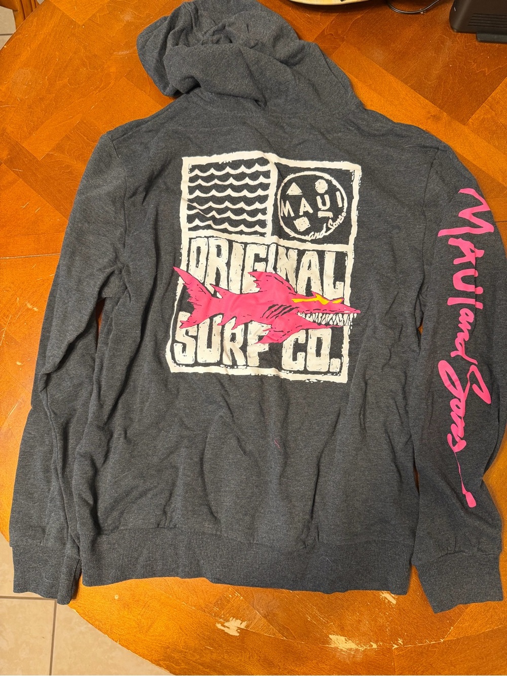 Maui and Sons Charcoal Hoodie with Pink Shark and White Logo